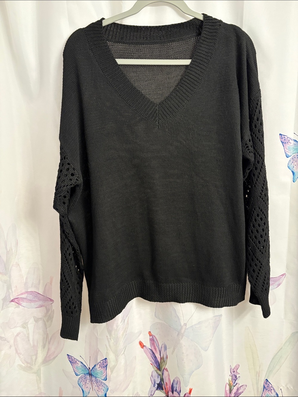 Black V-Neck Open-Knit Sleeve Sweater 2x